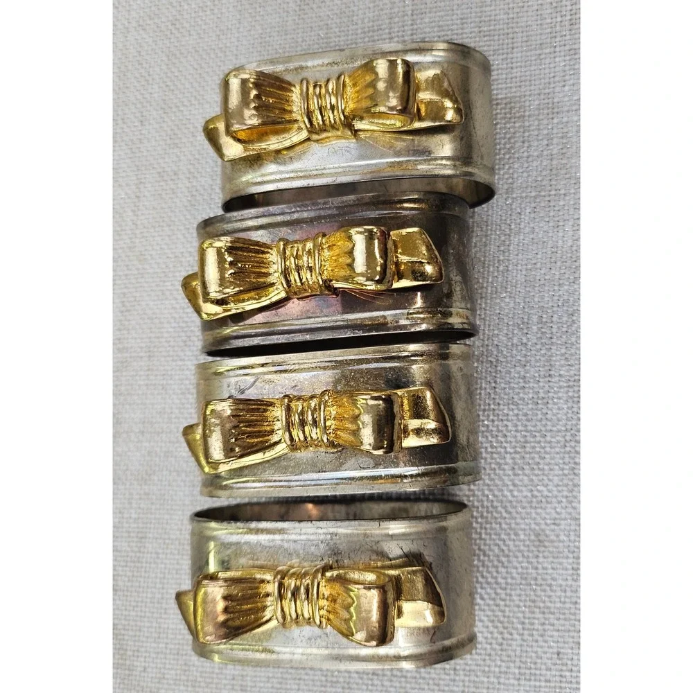 Vintage Napkin Rings Set of 4 Silver Gold Tone Bow Oval Mixed Metal Table Decor